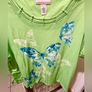 Alfred Dunner Lime Green Butterfly Print Long Sleeve Top